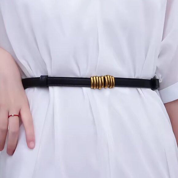 ✨ Elegant Black Leather Slim Belt with Gold Coil Accent ✨